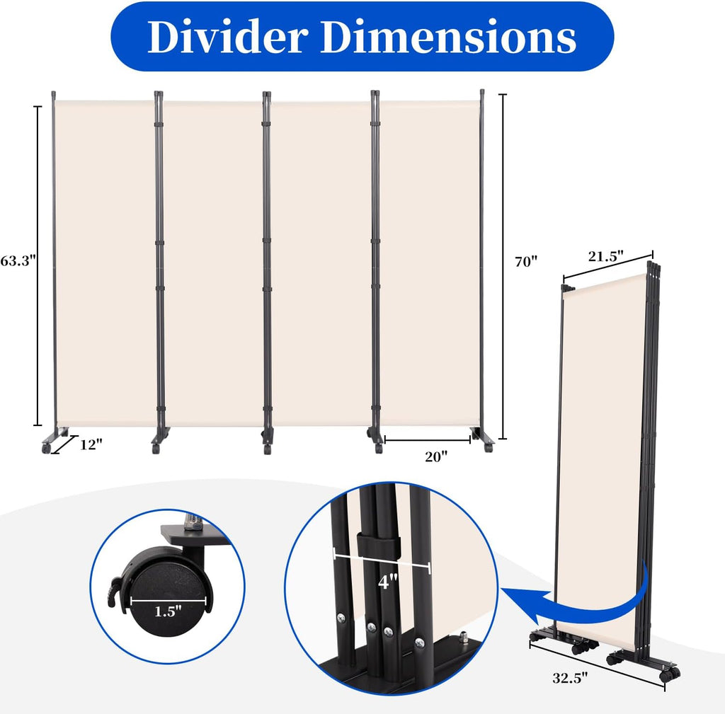 Room Divider 6FT 4 Panel Folding Wall Divider with Lockable Wheels,Beige