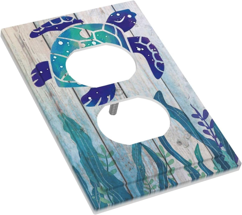 Sea Turtle Grass Seaweed on Rustic Wooden Board 1 Gang Duplex Outlet Covers Light Switch Cover Decorative Electrical Switchplate Ocean Grass Seaweed Faceplate for Bathroom Bedroom Home Decor