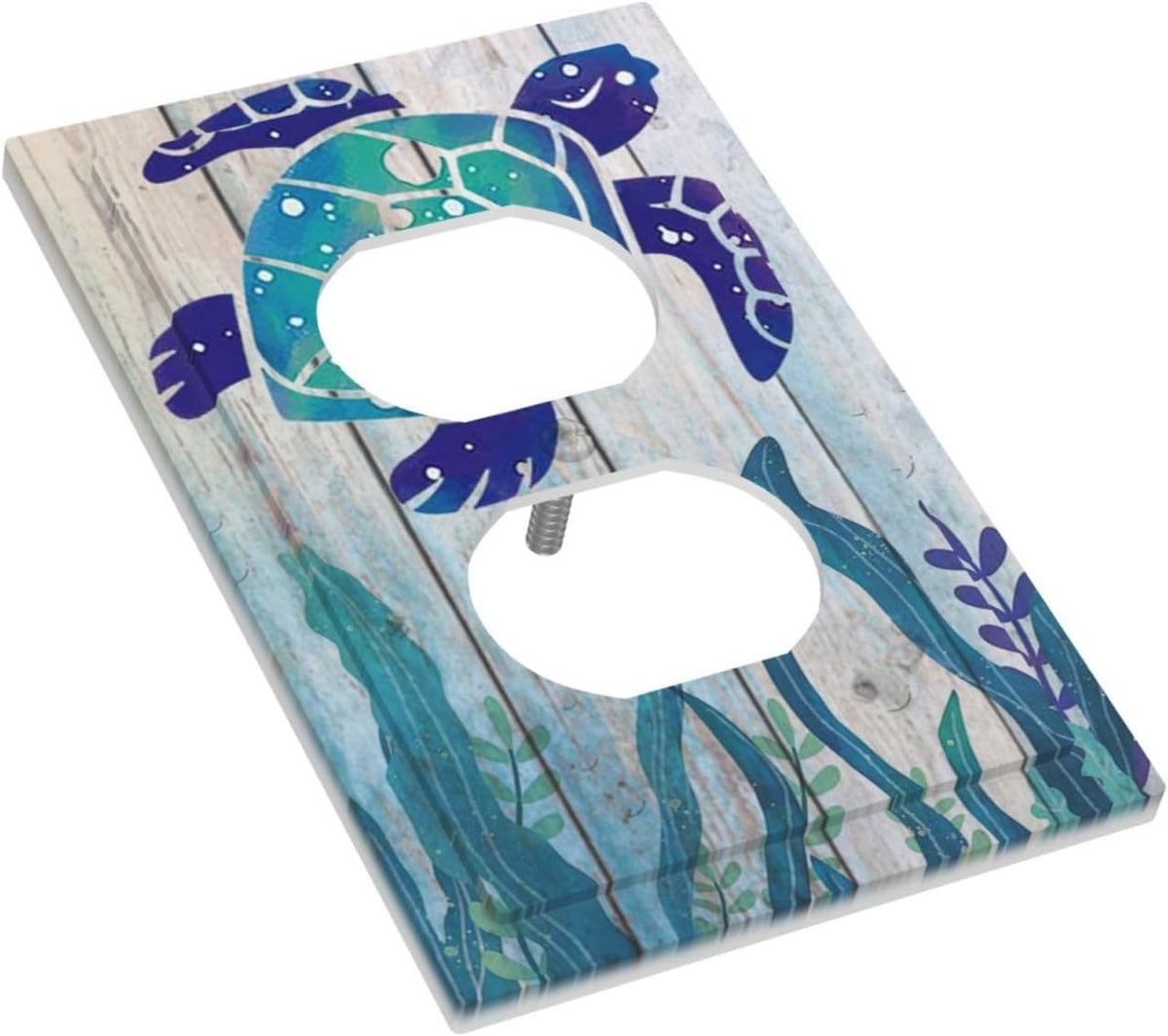 Sea Turtle Grass Seaweed on Rustic Wooden Board 1 Gang Duplex Outlet Covers Light Switch Cover Decorative Electrical Switchplate Ocean Grass Seaweed Faceplate for Bathroom Bedroom Home Decor