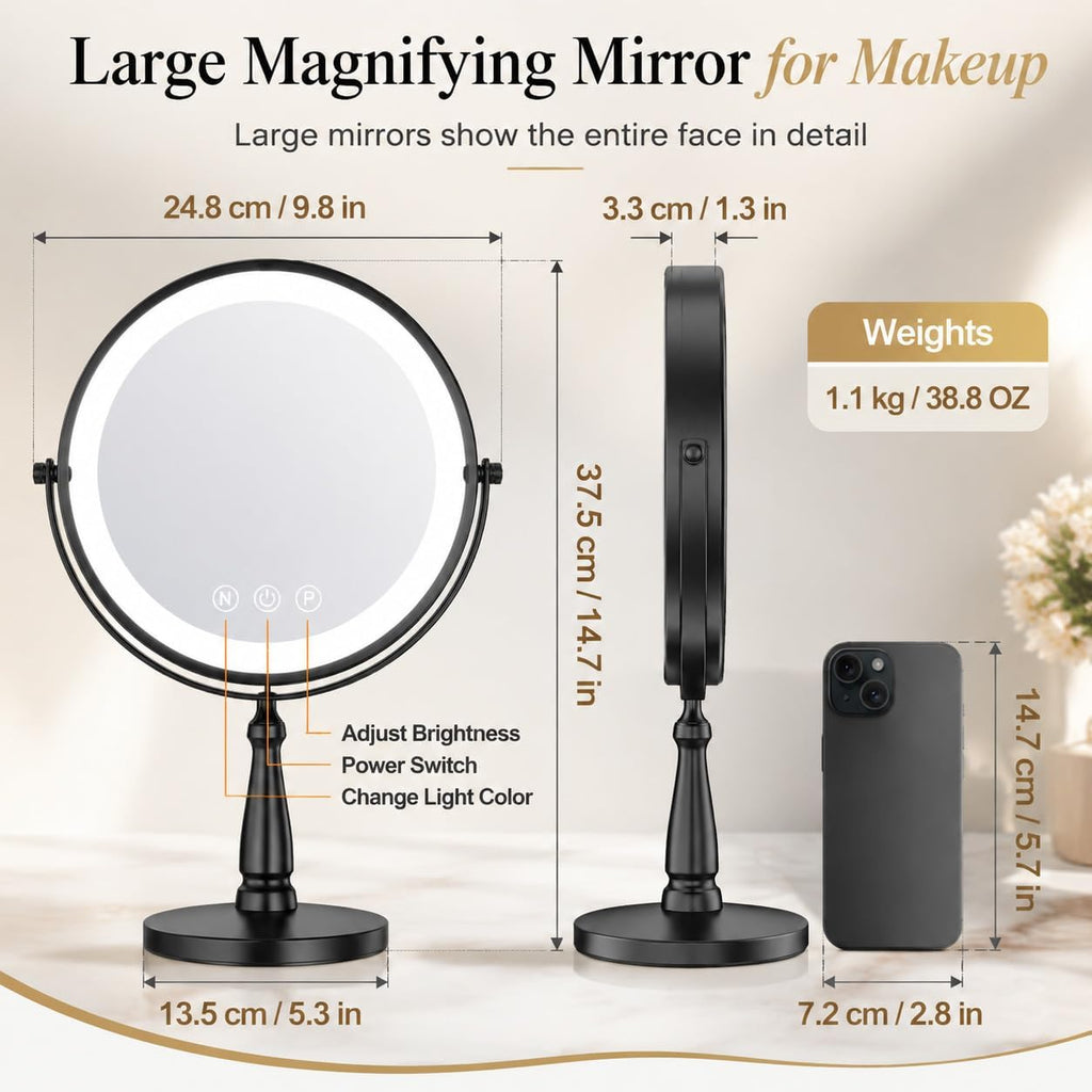 Vanity Mirror with Lights, 10X Magnifying Mirror with Light for Women, 2000 mAh Makeup Mirror with Lights and 3 Colors, 360 Degree, 2-Sided, 9 Inch, Black