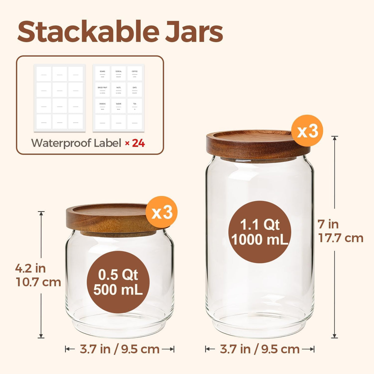 ComSaf Glass Pantry Storage Container with Acacia Wood Lids 1.1/0.5Qt 6Pack