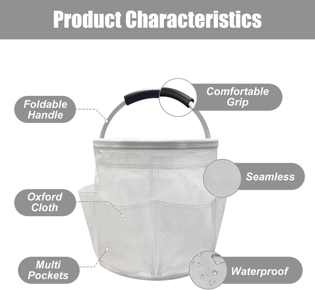 17L Cleaning Caddy with Handle, Foldable Cleaning Supply Caddy with 6 Pockets Cleaning Caddy Bag for Outdoor Camping Garden Harvest Basket Bathroom Storage (Clear)