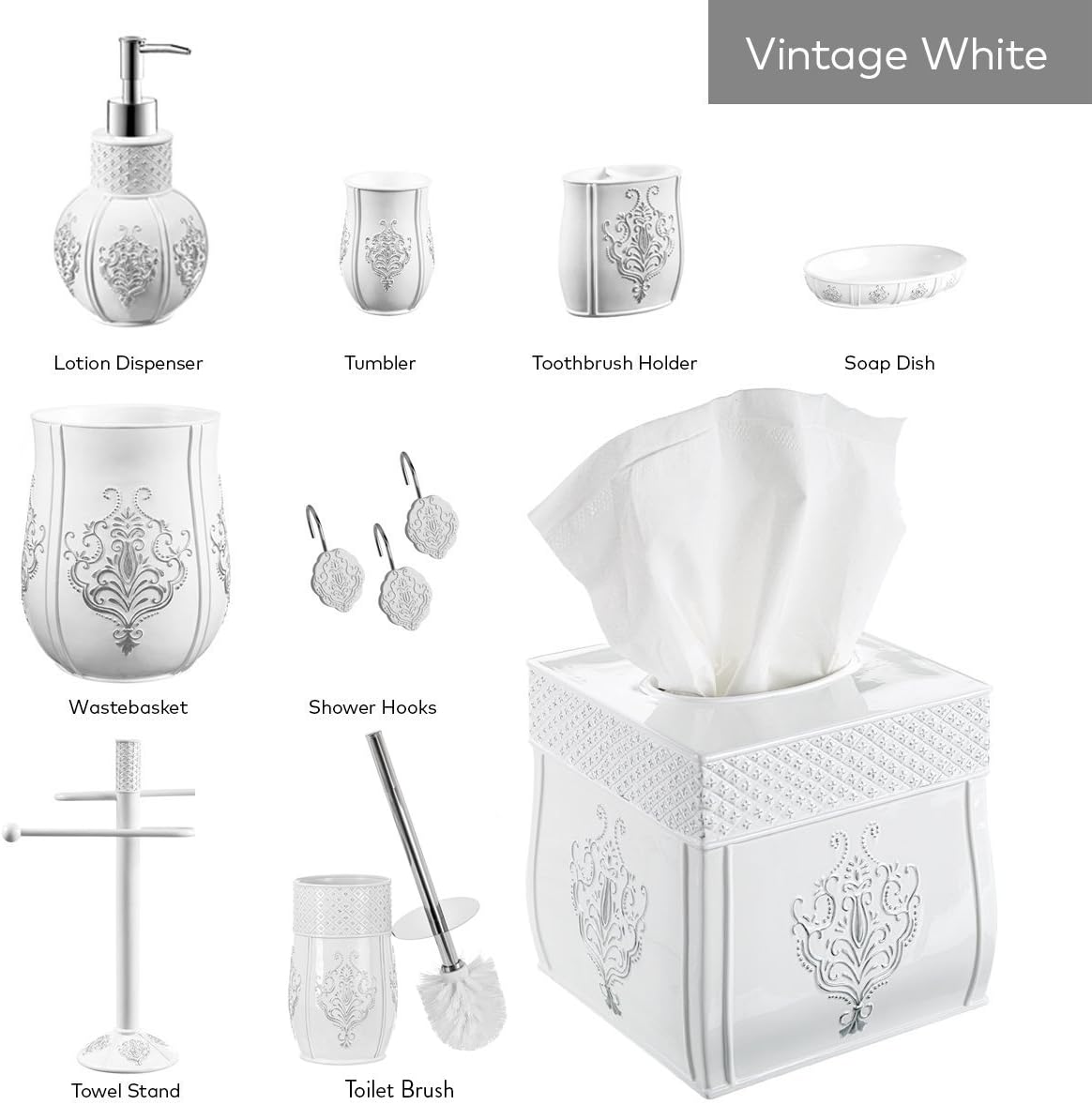 Creative Scents Vintage White 4 Piece Resin Bathroom Accessories Set