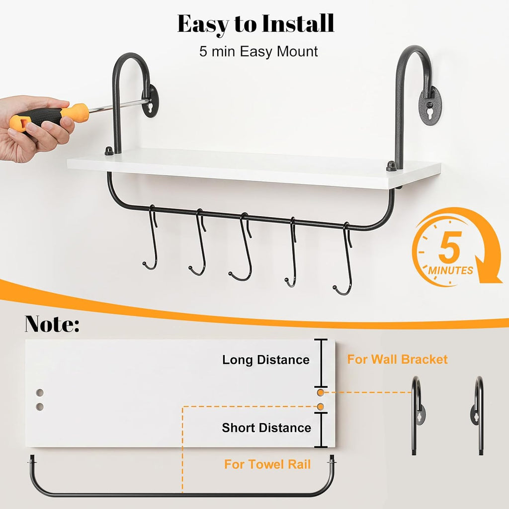 Floating Wall Shelves for Kitchen Bathroom Coffee Nook with 10 Adjustable Hooks for Mugs Cooking Utensils or Towel Rustic Storage Shelves Set of 2/17x5.9 inch (White)