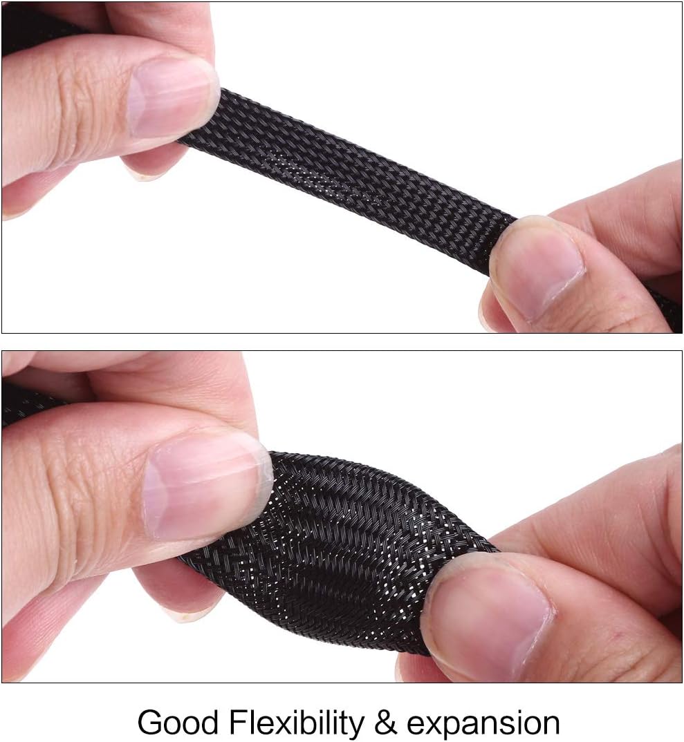 Keco 100ft – 1/4 inch PET Braided Expandable Cable Sleeve – Wire Sleeving for Audio Video and Other Home Device Cable Automotive Wire - Black