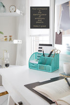 BLU MONACO Aqua Desk Organizer | Metal Turquoise Stationery Holder With Drawer and Compartments | Desktop Storage for School, Bedroom, Locker and Home | 5.5”D x 8.6”W x 5”H Accessory Caddy