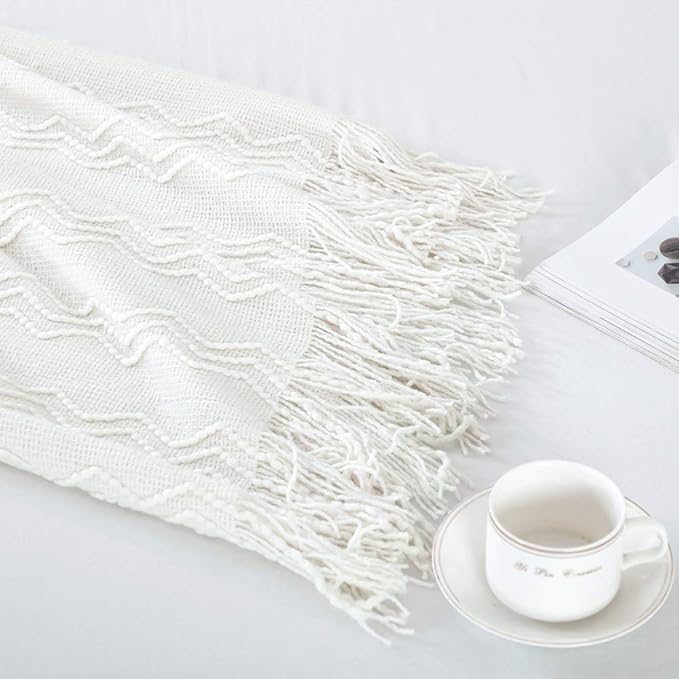 BOURINA Off White Throw Blanket 60x80 Inches Throw Textured Solid Soft Sofa - Image 3