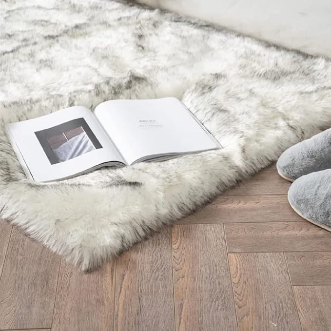 ORINOVA White and Grey Ultra Soft Faux Fur Shaggy Runner Rug 2x6 - Image 3