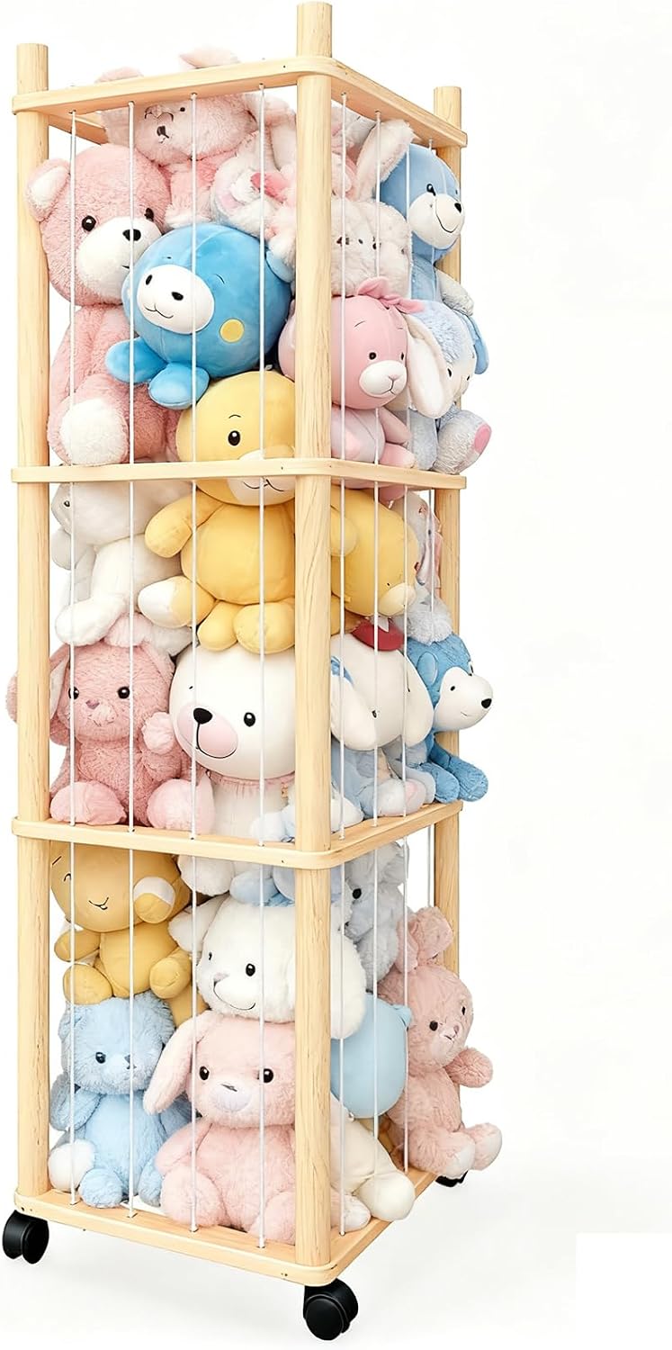 Stuffed Animal Zoo Storage with Lockable Wheels, Natural Wood
