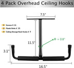 Overhead Garage Storage Hooks Rack Ceiling Mounted, Heavy Duty Utility Hooks Ladder Hangers for Pipe, Lumber, Fishing Rod and Ski Board | 4 Pack Black