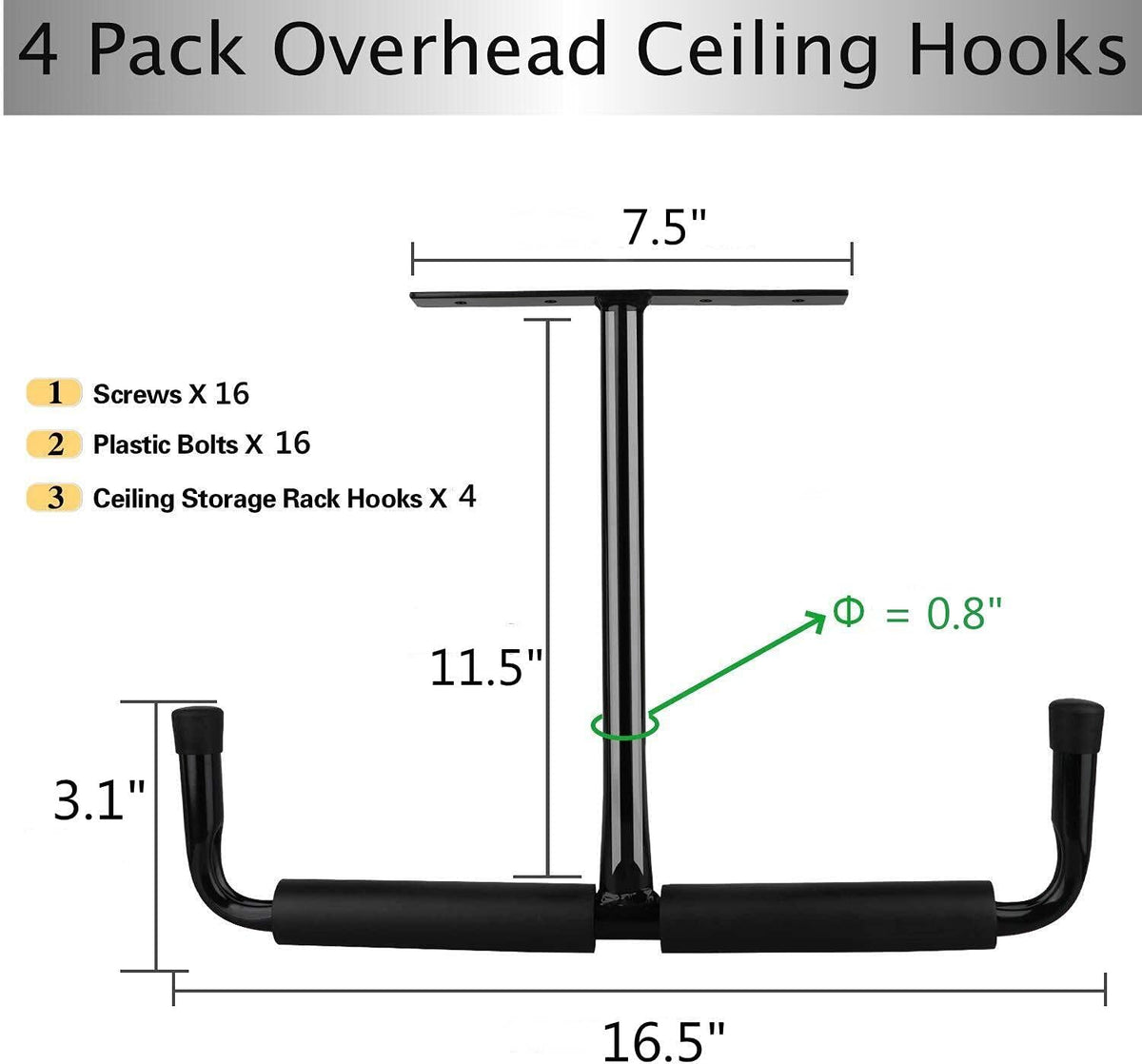 Overhead Garage Storage Hooks Rack Ceiling Mounted, Heavy Duty Utility Hooks Ladder Hangers for Pipe, Lumber, Fishing Rod and Ski Board | 4 Pack Black