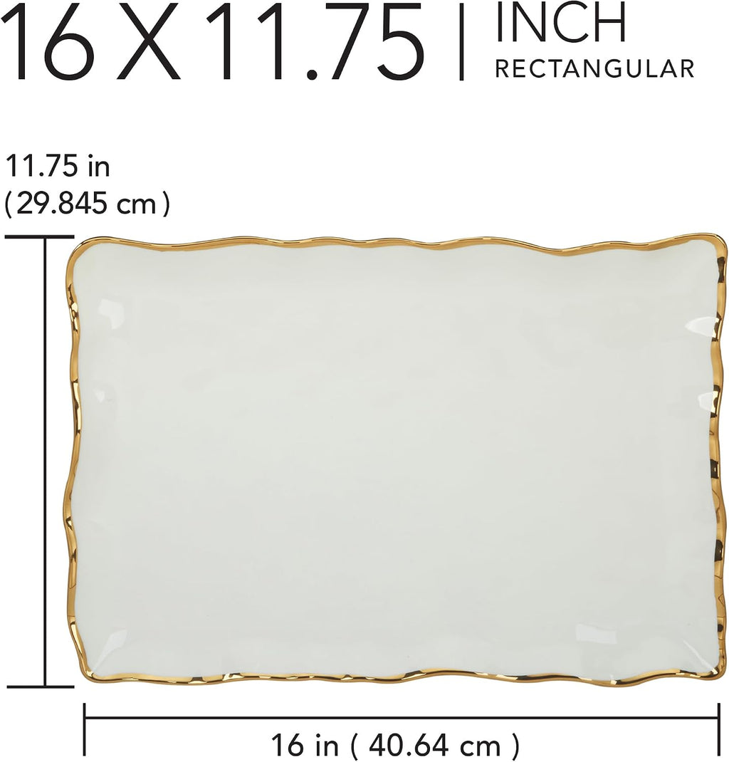 Regency Gold Porcelain Rectangular Platter with Scalloped Edges, Metallic Gold Rim, 16x11.75in, Elegant Serving Dish for Appetizers, Desserts & Buffet, Durable Dinnerware for Entertaining & Everyday