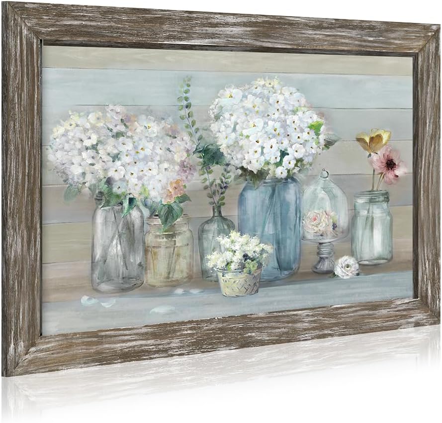 Floral Bouquet Wooden Framed Picture: Vintage Botanical Flowers in Crystal Vase Wall Art Artwork Print Rustic Abstract Nature Plant Painting for Living Room Bedroom Farmhouse