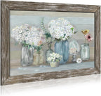 Floral Bouquet Wooden Framed Picture: Vintage Botanical Flowers in Crystal Vase Wall Art Artwork Print Rustic Abstract Nature Plant Painting for Living Room Bedroom Farmhouse