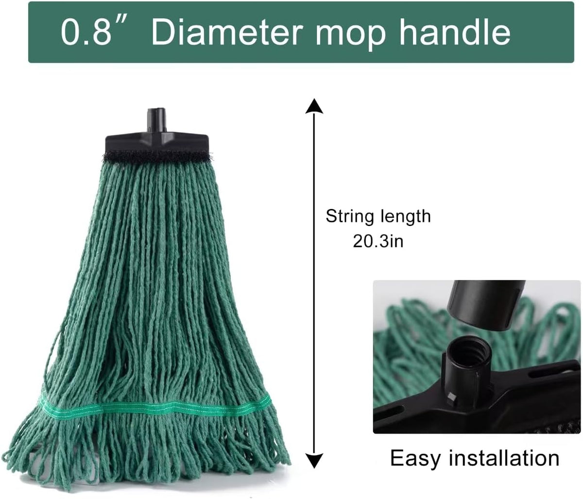 Matthew Large Heavy Duty Mop Head Commercial Replacement for General and Floor Cleaning, Screw-on Wet Industrial Cotton Looped End String Head Refill (Green 6Pack) w/Built-in Flexible Bristle Brush