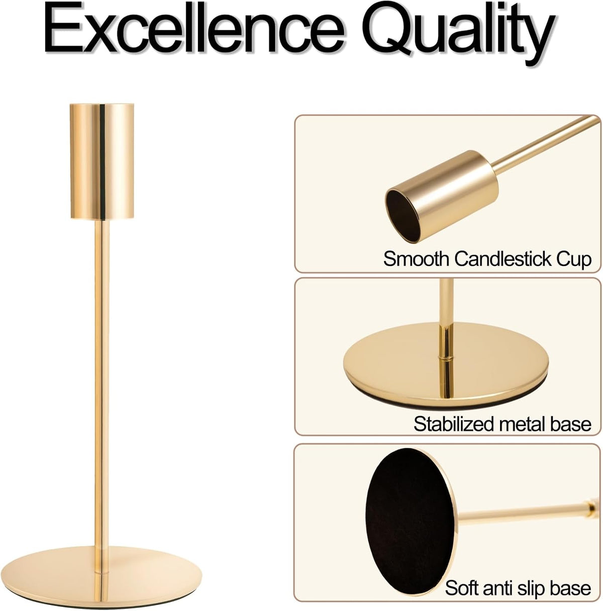 Gold Candlestick Holders, Taper Candle Holders, Set of 6, 3 Heights