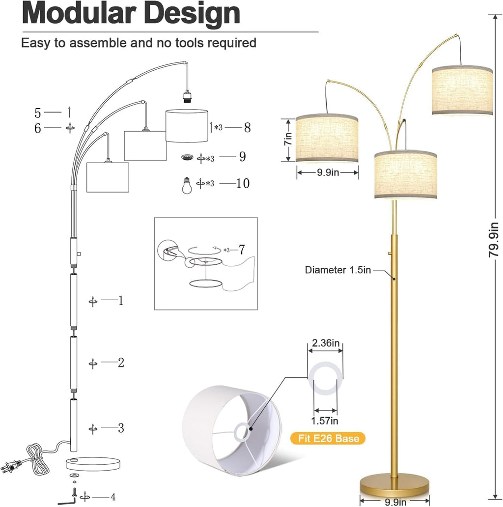 Nintiue Dimmable Floor Lamp - 3 Lights Gold Arc Floor Lamps for Living Room, 1000LM Modern Tall Standing Lamp with White Shades, Mid Century Tree Floor Lamp for Bedroom Office, 3 LED Bulbs Included