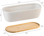 MyGift 14-Inch White Ceramic Succulent Planter with Bamboo Saucer, Oval