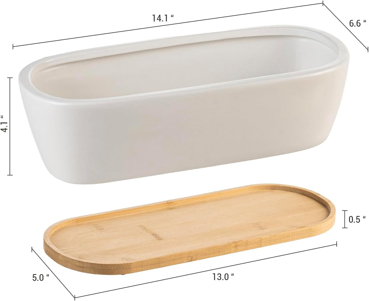MyGift 14-Inch White Ceramic Succulent Planter with Bamboo Saucer, Oval