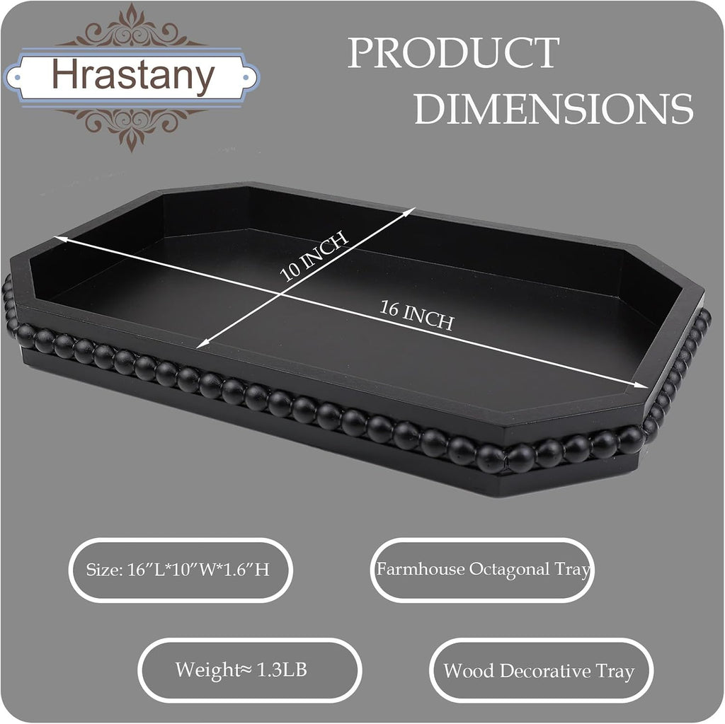 Hrastany Wood Rustic Serving Tray with Beads, Farmhouse Black Decorative Tray for Table Centerpiece, Christmas Wedding Halloween Home Decor