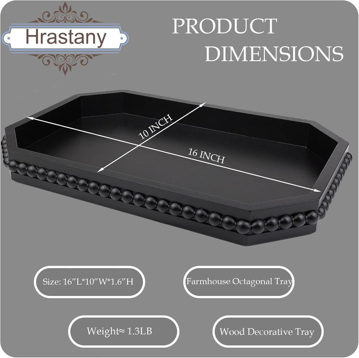 Hrastany Wood Rustic Serving Tray with Beads, Farmhouse Black Decorative Tray for Table Centerpiece, Christmas Wedding Halloween Home Decor