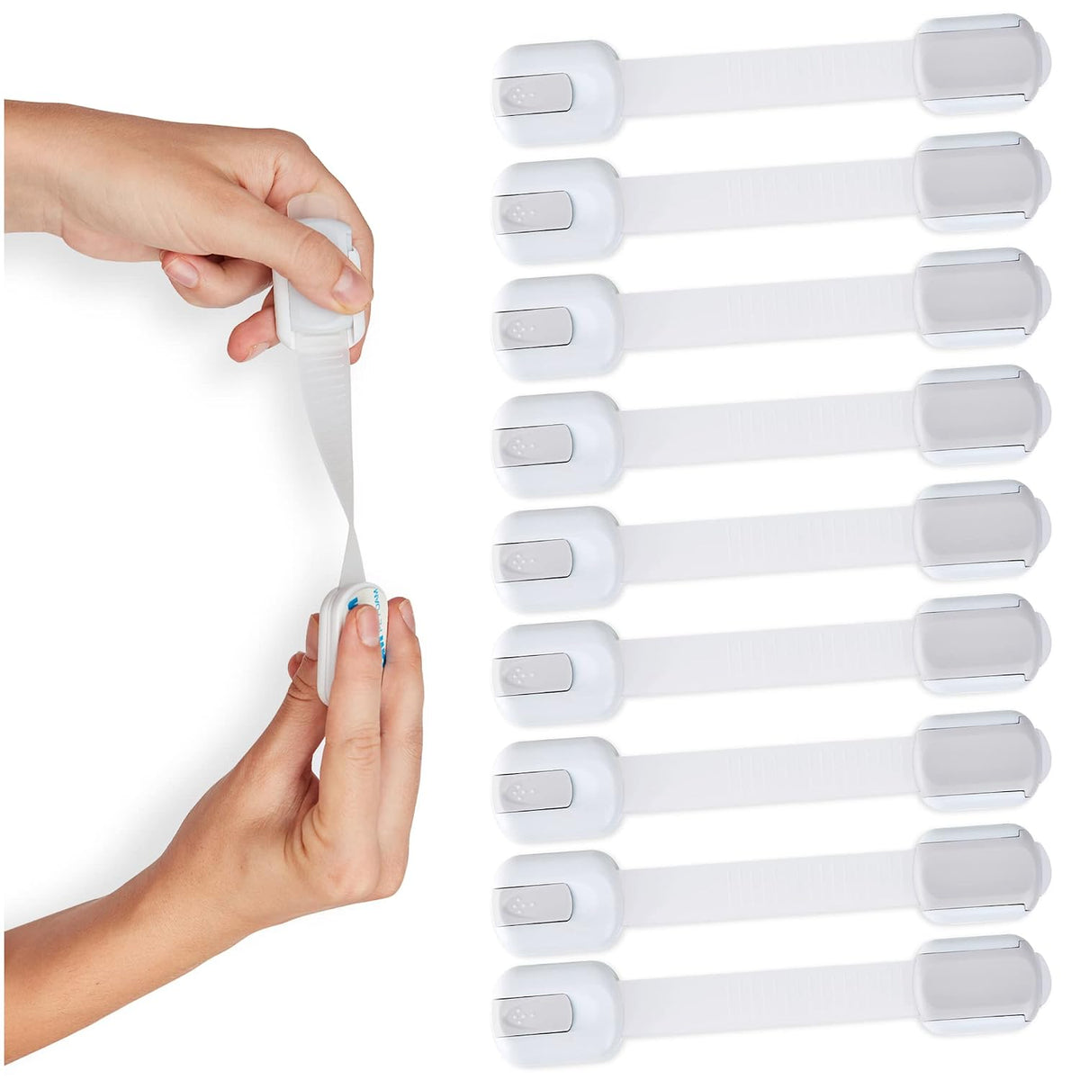 Child Safety Strap Locks (10 Pack) Baby Locks for Cabinets and Drawers, Toilet, Fridge & More. 3M Adhesive Pads. Easy Installation, No Drilling Required, White/Gray