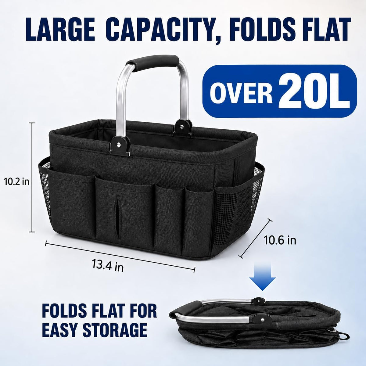 20L Foldable Cleaning Caddy with Handle, Black Storage Basket