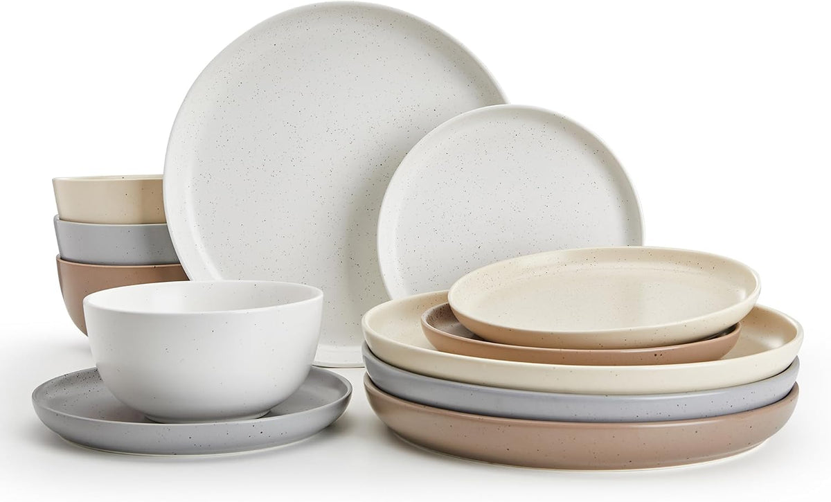 Sweese Dinnerware Sets Service for 4, 12 pcs Matte Speckled Glaze Plates and Bowls Sets, Handmade Ceramic Dish Set, Highly Chip and Crack Resistant Modern Plate Set, Multi-color