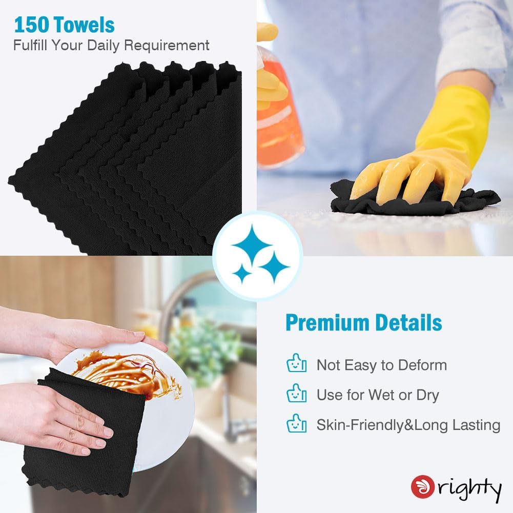 Orighty Microfiber Cleaning Cloth Bulk, 150 Pack Shop Towels 12x12in, Black