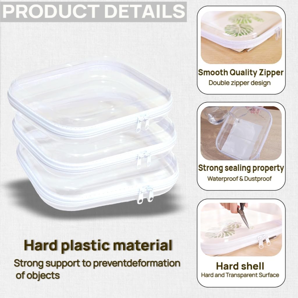 3PCS Clear Hard Plastic Zipper Case, Double Zippers Hard Pouch, Portable Travel Organizer Bin Clear Makeup Bag for Toy Storage, Snack Bag, Cosmetics, Diaper Bag, Toiletry Bag (3PCS-M)
