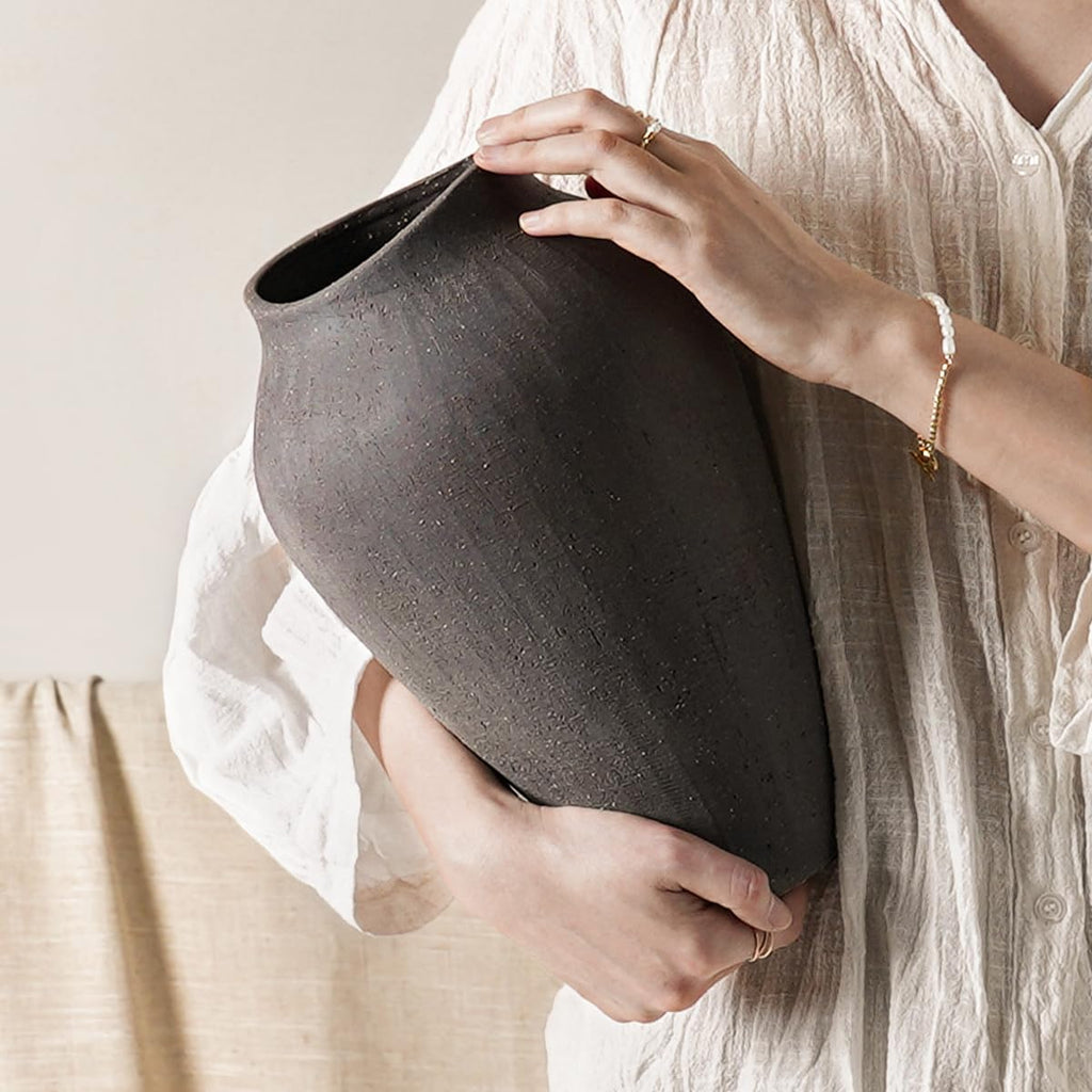 Large White Ceramic Vase - 9.8 Inch Rustic Farmhouse Flower Vase for Home Decor, Minimalist Tall Vases for Living Room, Table, Bathroom, Holiday & Weddings (Sandstone White)