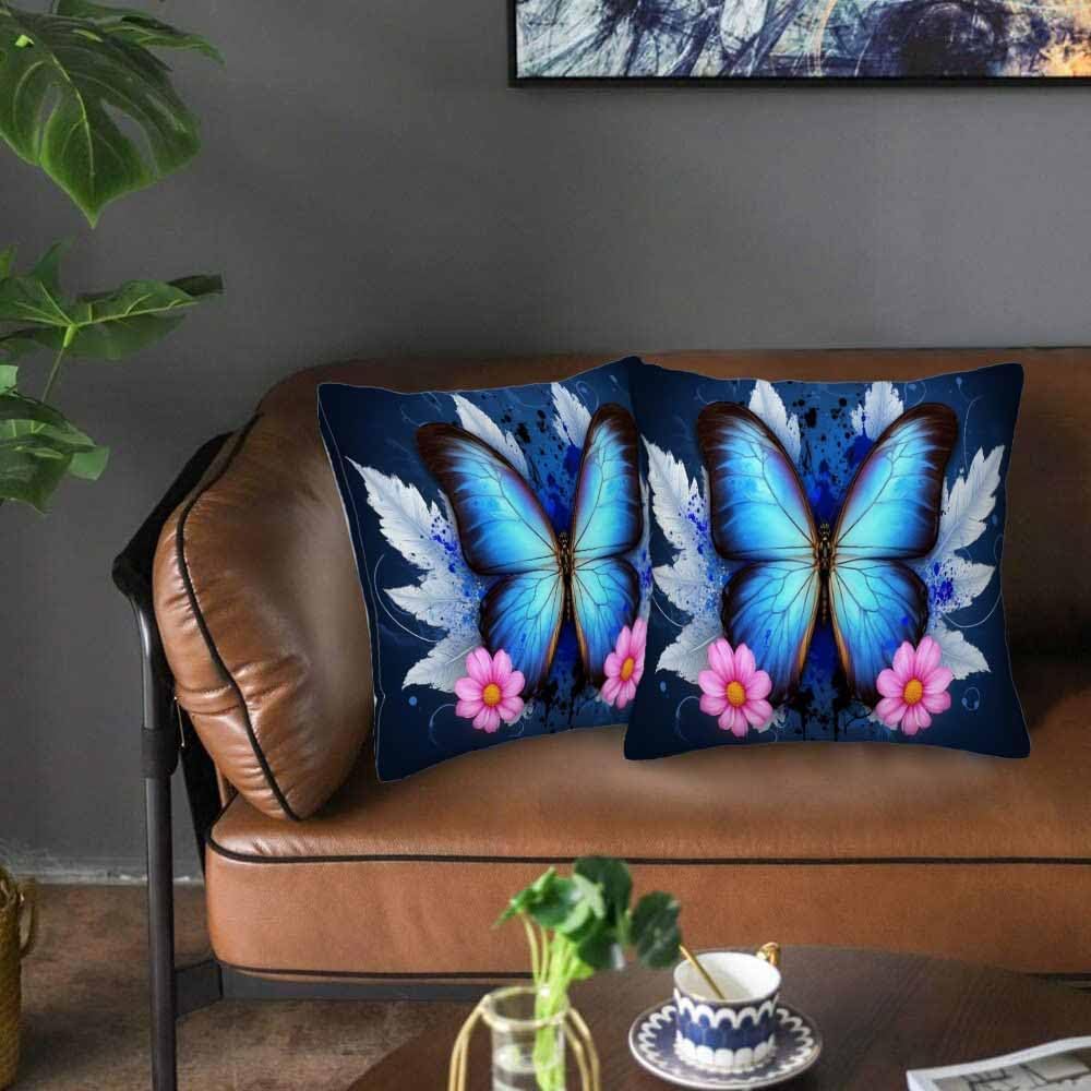 Blue Morpho Butterfly Throw Pillow Covers 18x18 Set of 2,Pink Daisy Flower White Feather Decorative Pillow Covers for Sofa Couch Living Room Soft Home Decor,Outdoor Patio Car Cushion Cases