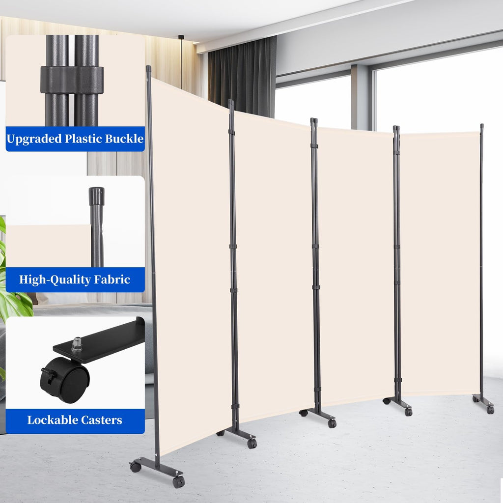 Room Divider 6FT 4 Panel Folding Wall Divider with Lockable Wheels,Beige