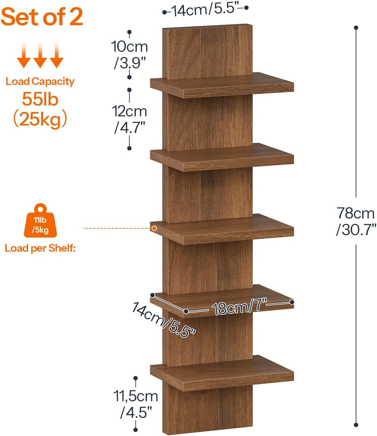 HOOBRO 5 Tier Wall Shelf Unit for Storage, 2 Pack Floating Shelves for Wall