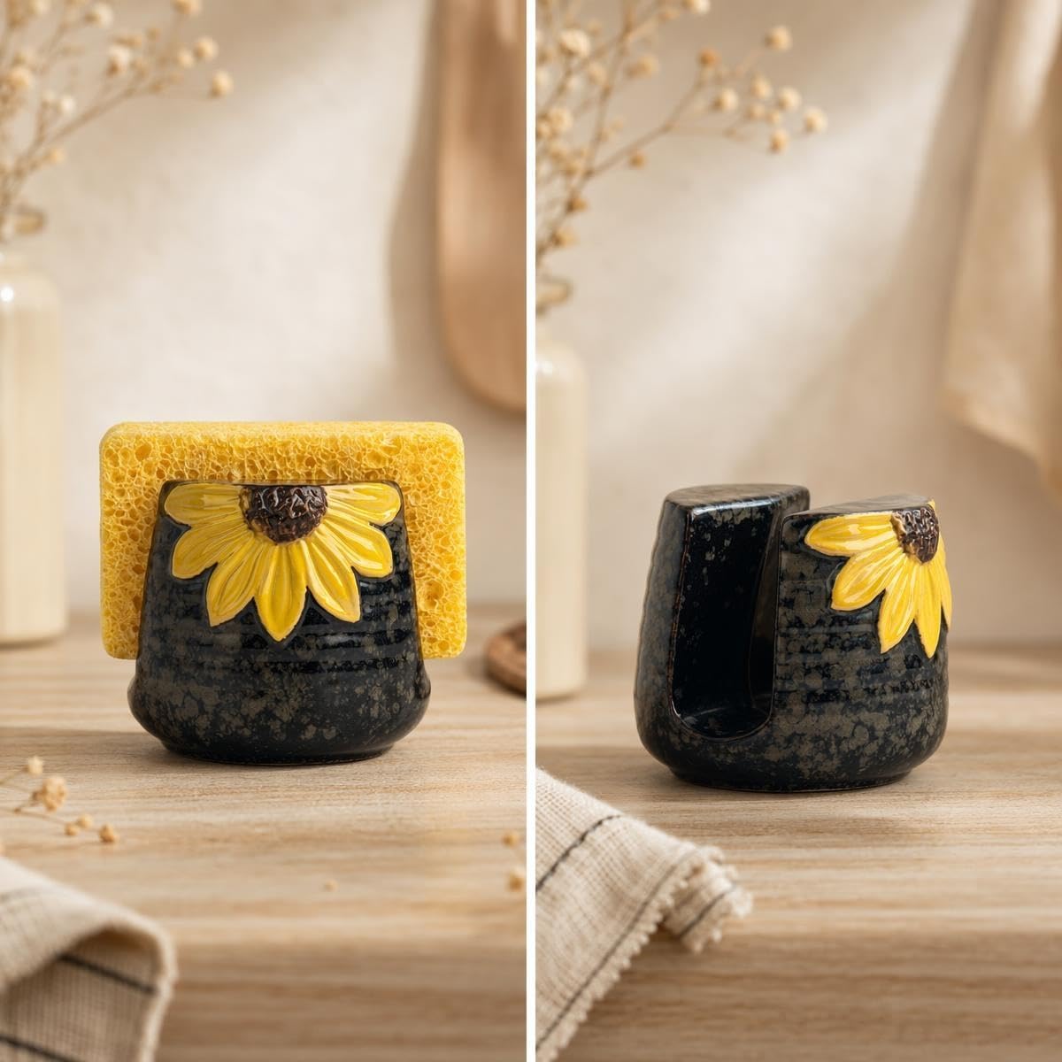 Ceramic Sunflower Dish Sponge Holder For Kitchen Sink Caddy Organizer Decor