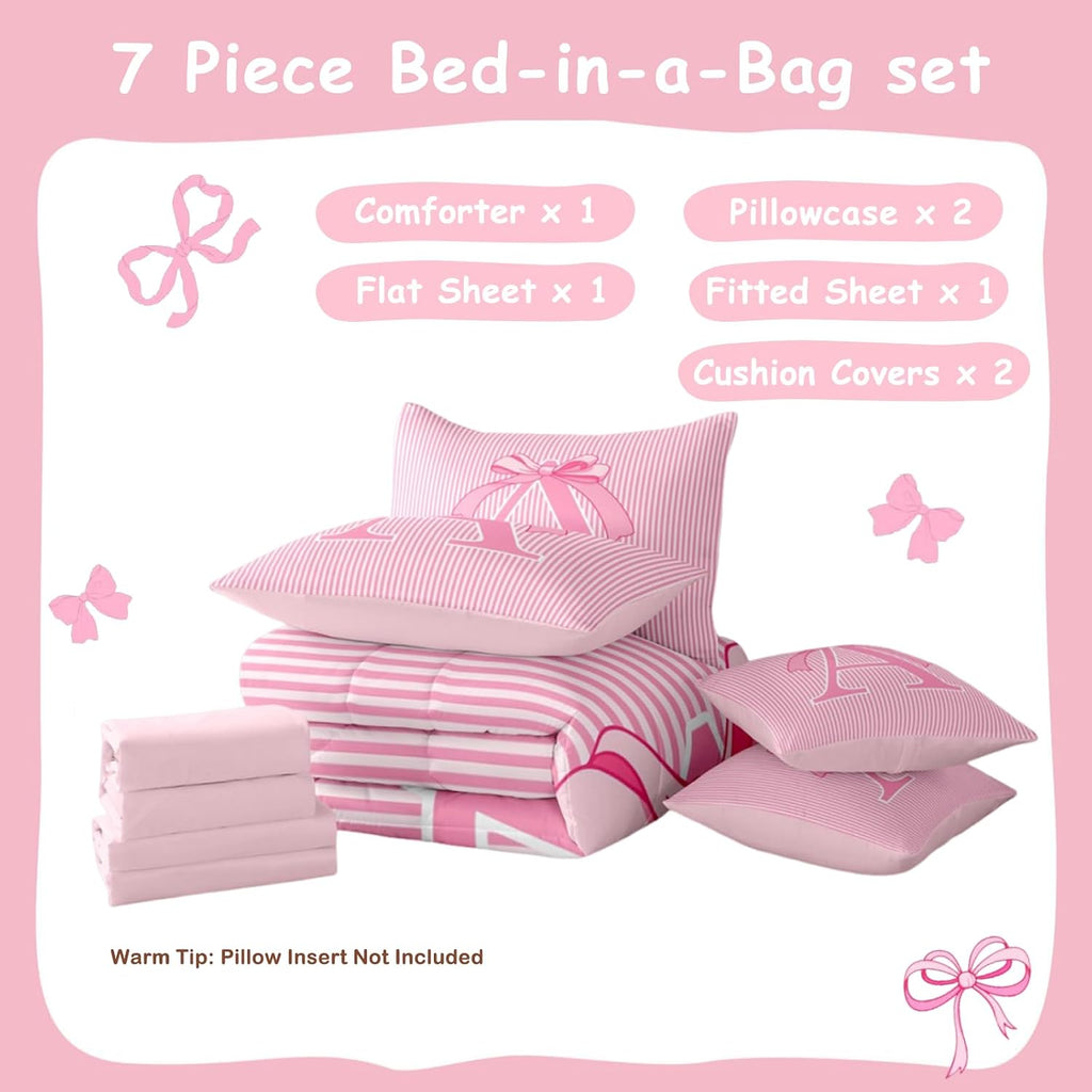 Feelyou Pink Bow Comforter Set with Sheets 7 Piece Full Size Dreamy Princess Bow Bedding Set for Kids Boys Girls Personalized Letter A Bed in a Bag Room Decor Soft Microfiber