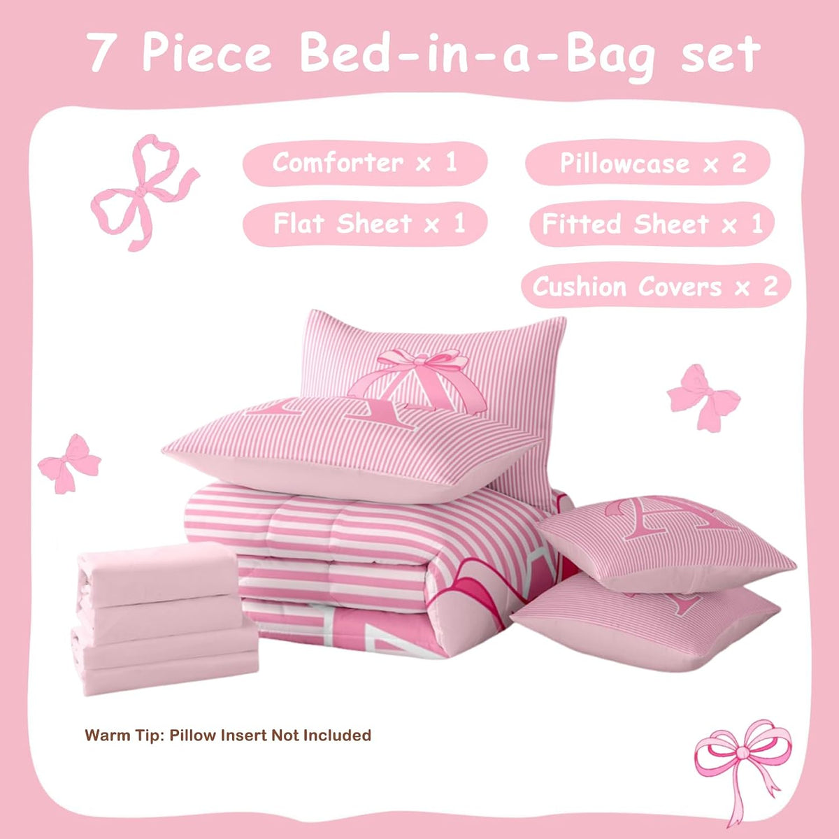Feelyou Pink Bow Comforter Set with Sheets 7 Piece Full Size Dreamy Princess Bow Bedding Set for Kids Boys Girls Personalized Letter A Bed in a Bag Room Decor Soft Microfiber