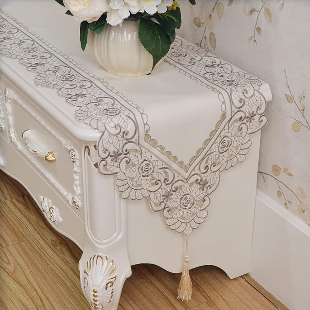 Arzoe Embroidered Lace Table Runner Elegant Vintage Mantel Scarf Dresser Scarves Cabinet Dining Room Table Decoration (Taupe, 16 × 77 Inch)