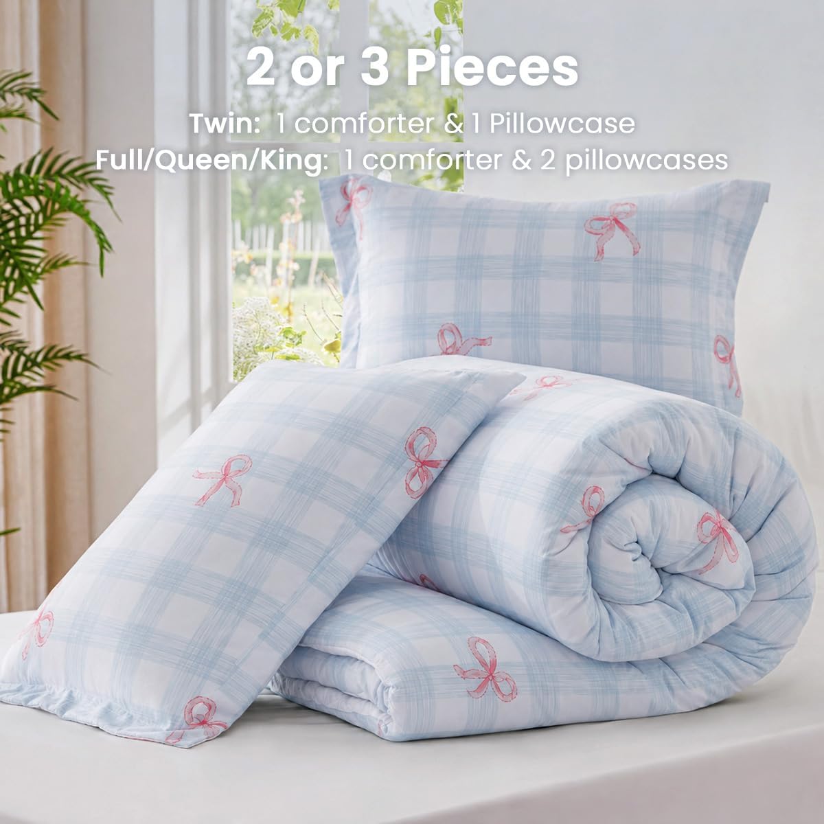 Blue Plaid Twin Comforter Set Pink Bow, Soft Microfiber Bedding