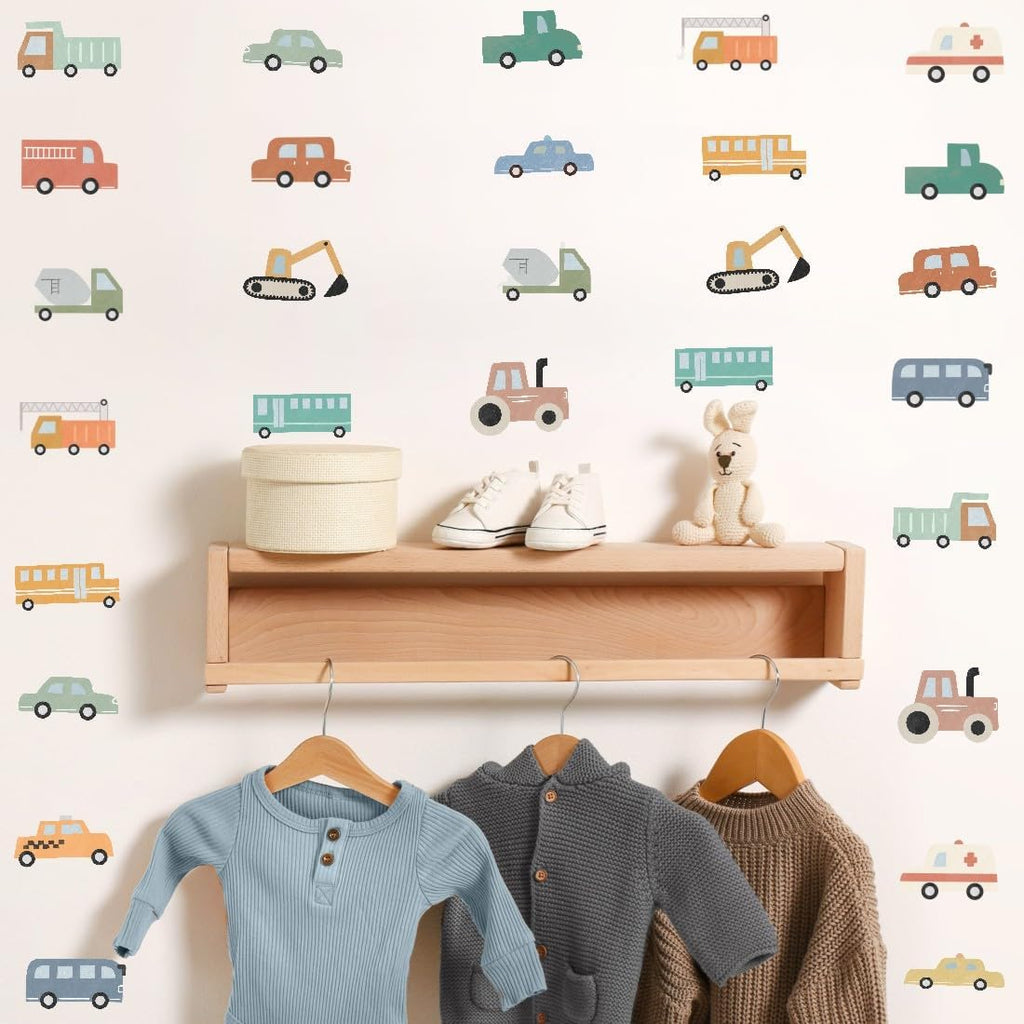 YIMEHDAN Watercolor Transportation Vehicle Wall Decals,Truck Tractor Excavator Bus Vinyl Wall Stickers, Self-Adhesive Cartoon Construction Car Artwork for Boys Bedroom Playroom Decor