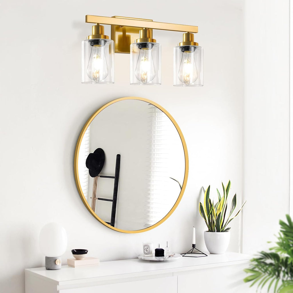 3 Light Gold Bathroom Light Fixtures, Bathroom Vanity Light Over Mirror, Gold Wall Sconce Vanity Lighting with Clear Glass Shade,Modern Farmhouse Bath Wall Lamp for Mirror Kitchen
