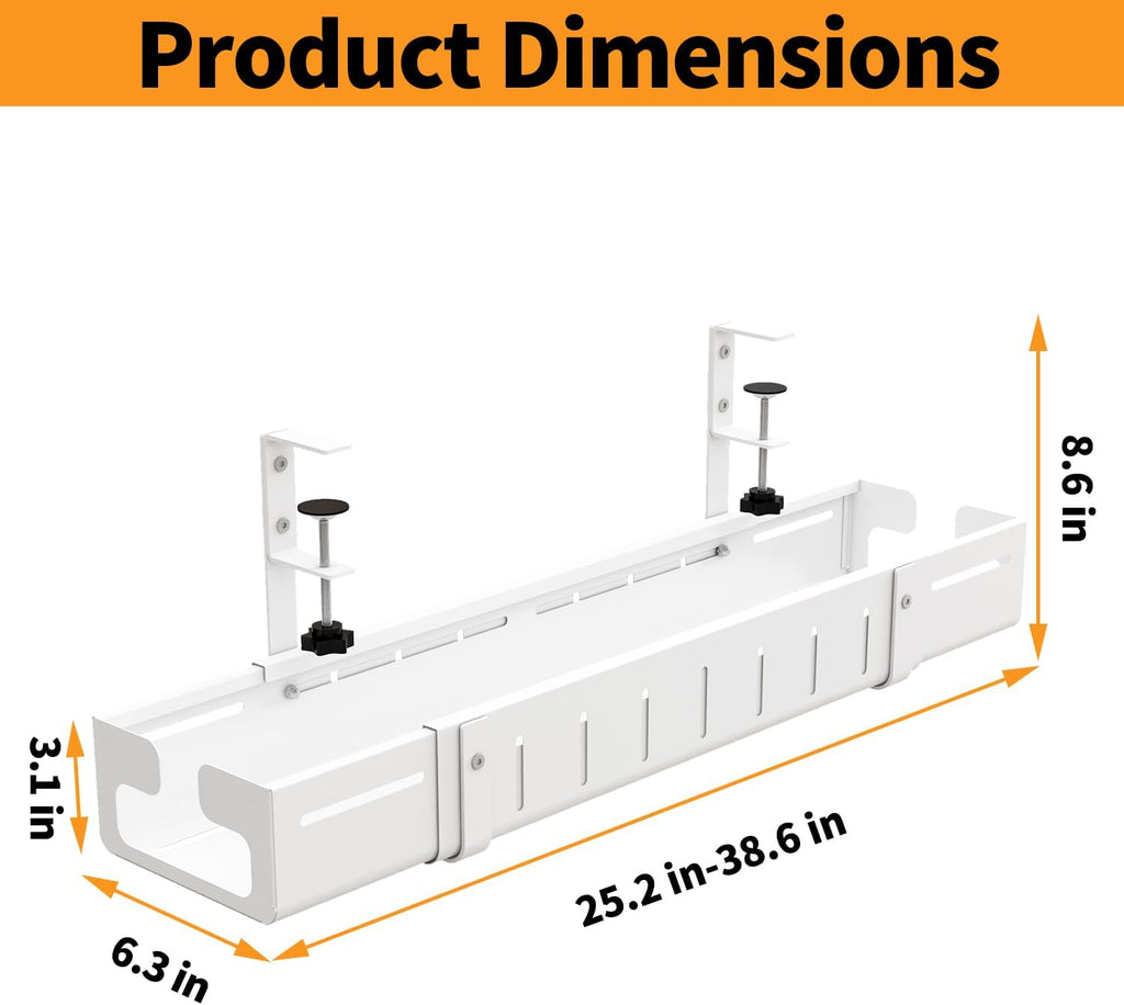 Under Desk Cable Management Tray, Expandable Length 25.2"-38.6",No Drill No Damage to Desk,Cable Tray with Clamp for with Wire Management,for Cord Organizer for Home Office Standing Desk, White