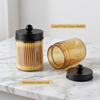 Amolliar Amber Glass Apothecary Jar Qtip Holder Metal Lids 4pc/Amber-black