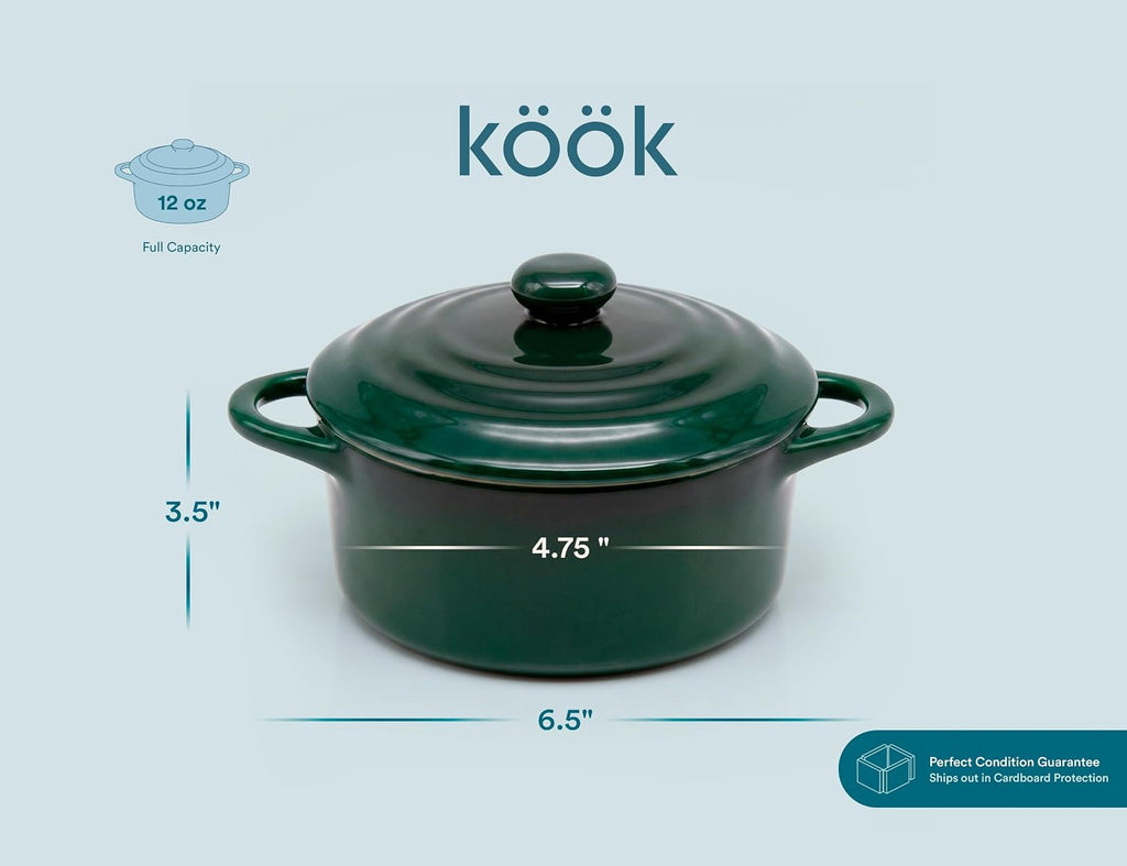 Kook Mini Cocotte, Lids, Handles, Dutch Oven, Set of 4, 12 oz, Forest Green