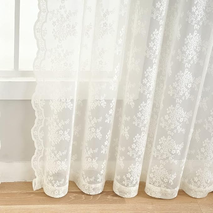 YJ YANJUN Vintage Lace Curtains Ivory Floral 105 inch Curtains 2 Panels - Image 4