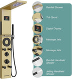 Hoimpro Brushed Gold LED Shower Panel Tower System,2 In 1Function Shower Panel Light Rainfall Waterfall Shower Rain Massage System with Body Jets Handheld Shower Sprayer, Stainless Steel, Wall Mount