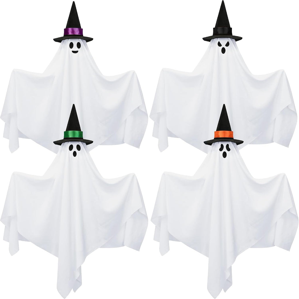 4 Pack Halloween Hanging Ghosts Decorations 31.5" Outdoor Cute Flying Ghost with Witch Hats White Ghosts Hanging Decoration for Halloween Party Holiday Front Yard Porch Patio Lawn Garden Tree Decor