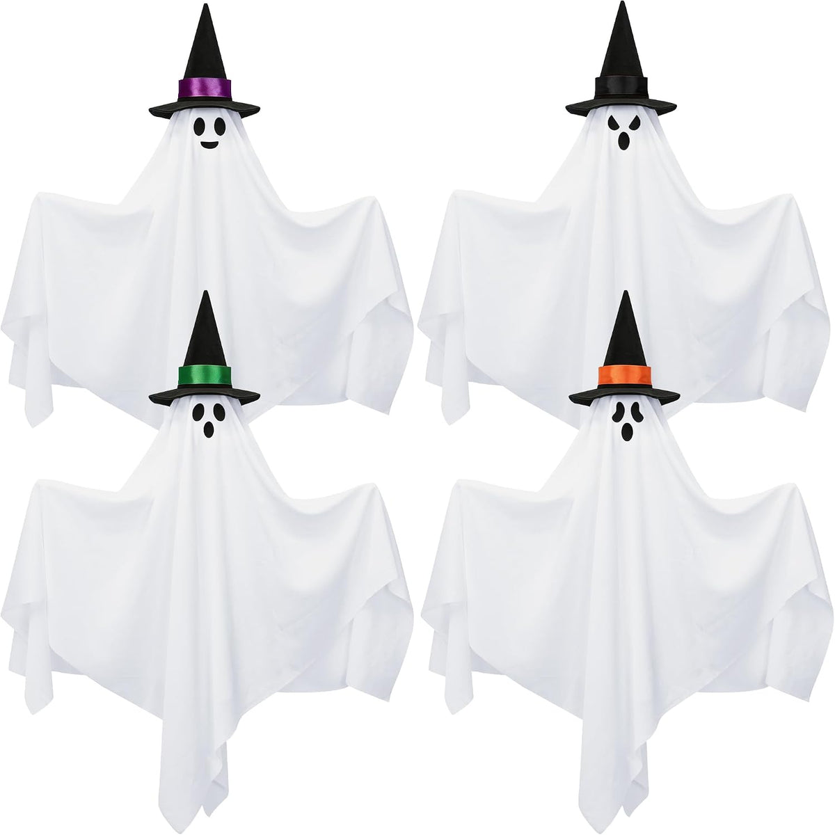 4 Pack Halloween Hanging Ghosts Decorations 31.5" Outdoor Cute Flying Ghost with Witch Hats White Ghosts Hanging Decoration for Halloween Party Holiday Front Yard Porch Patio Lawn Garden Tree Decor