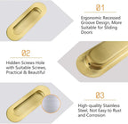 MOROBOR 4Pcs Stainless Steel Side Hole Flush Pull, Oval Bright Gold Embedded Sliding Door Handle Recessed Finger Pulls with Hidden Screws for Pocket Door Drawer Cupboard Wardrobe