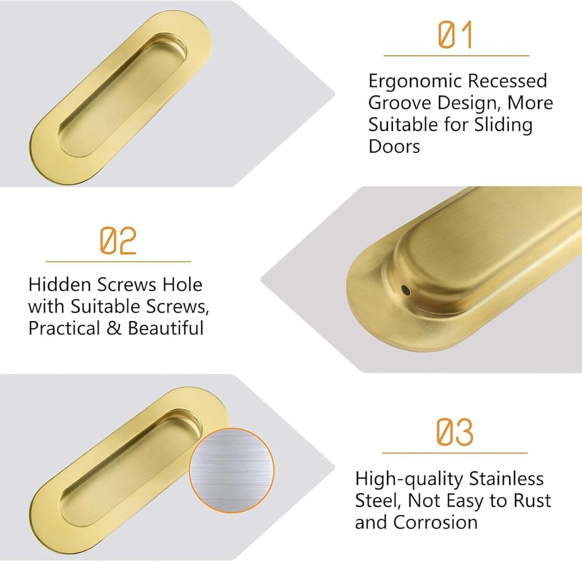 MOROBOR 4Pcs Stainless Steel Side Hole Flush Pull, Oval Bright Gold Embedded Sliding Door Handle Recessed Finger Pulls with Hidden Screws for Pocket Door Drawer Cupboard Wardrobe
